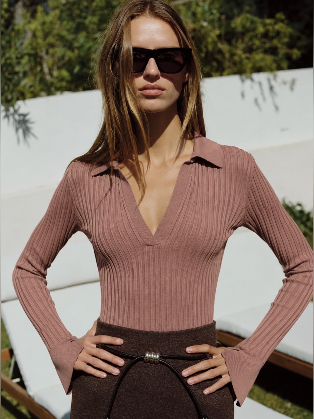 NWOT Song of Style Revolve Ribbed Blush Pink Open V-Neck Shirt Size Small